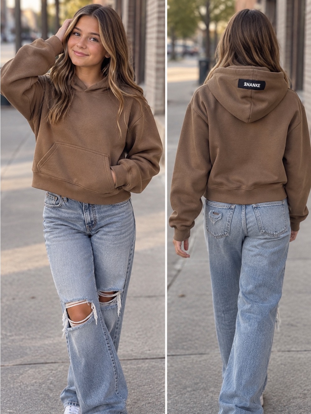 Youth ANANKE Brown Cropped Hooded Sweatshirt - Casual Pullover Hoodie